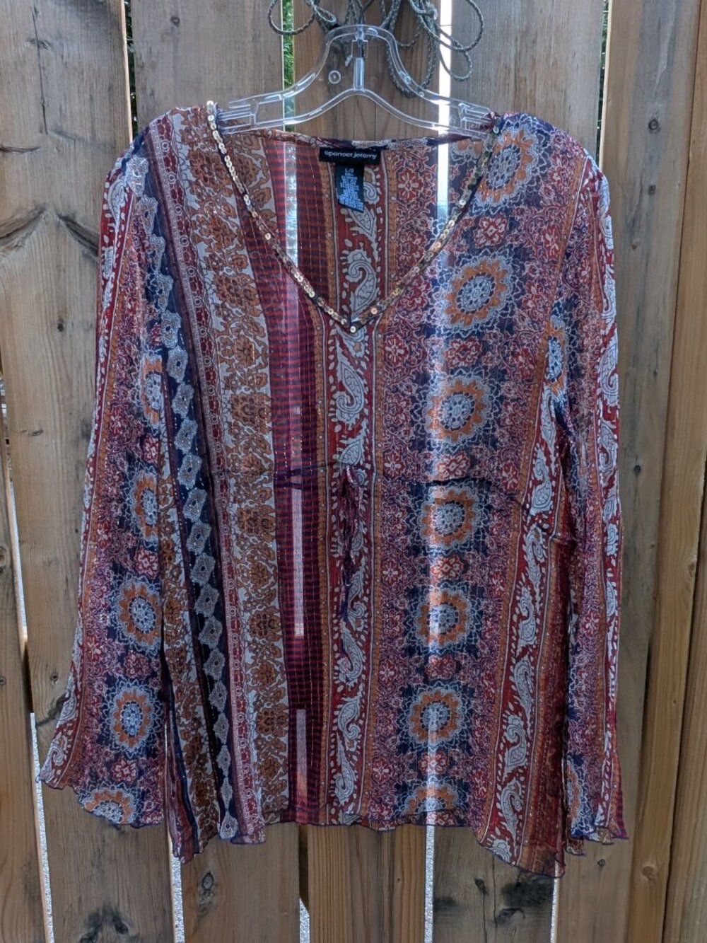 Spenser Jeremy - Boho Sheer Blouse, V-Neck with golden sequins, Size Large